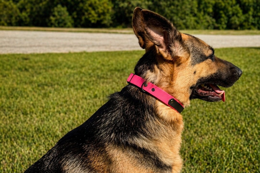 German Shepherd Arya wearing a pink collar in an outdoor setting